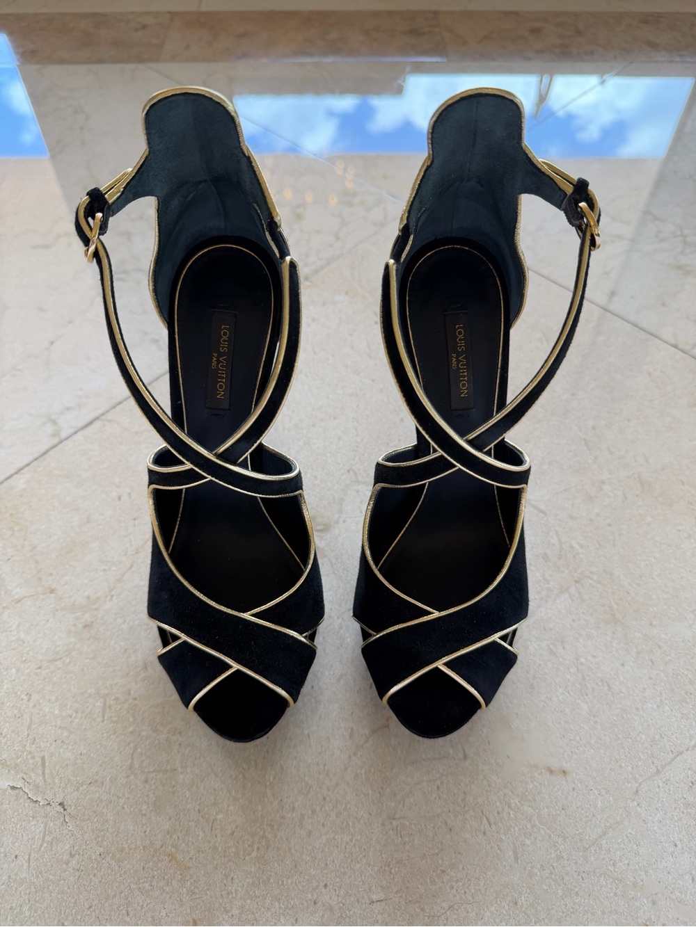 Louis Vuitton Black Suede Crisscross Heels with Gold Piping